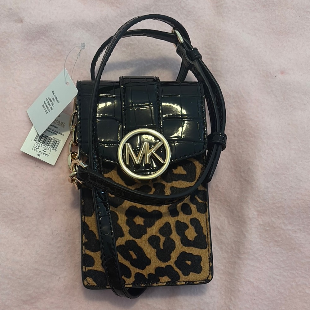Michael Kors Black and Brown Crossbody Bag with Leopard Print